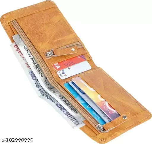 Brown PU two-zip men's wallet, classic design, three compartments, free size (11cm x 10cm), branded from India