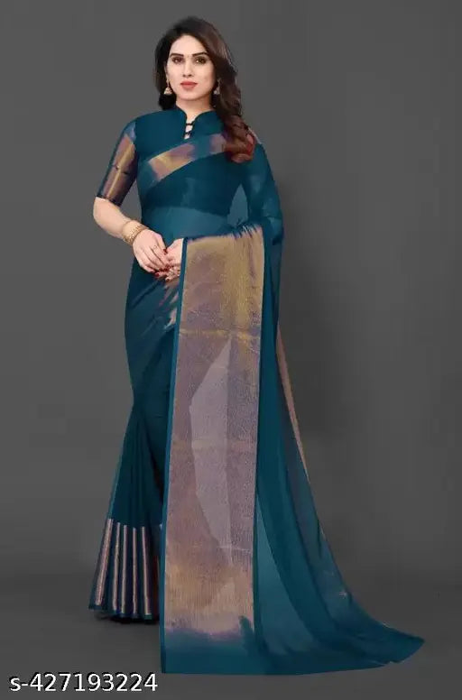 PetrolBlue Chiffon Kerala Sari, solid pattern, free size, India origin