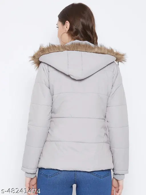 Grey winter wear parka jacket, fancy glamorous women's polyester full-sleeve solid coat with quilted high-quality polyfill, detachable faux fur hood, and three pockets (inside and outside) from Vero Amore, India