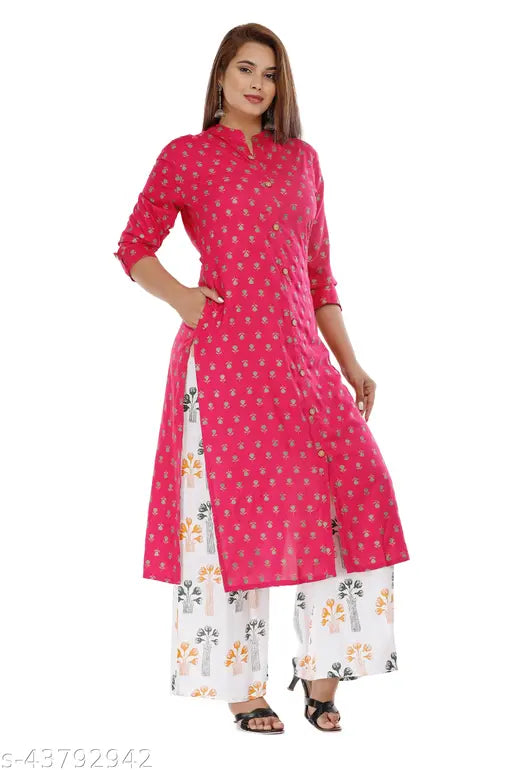 Rayon printed kurta and palazzo set, vibrant rayon fabric, three-quarter sleeves, Indian ethnic wear for women