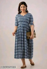 Cotton Women's Gouwan Kurtis, printed combo, three-quarter sleeves. Blue Viscose Rayon Anarkali Kurta with geometric print, short sleeves. Made in India