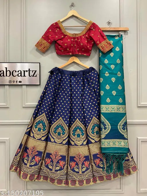 Banarasi silk lehenga choli and dupatta set, embroidered floral design on art silk fabric, fully stitched women's traditional Indian attire for semi-stitched sizes up to waist 39in, featuring zipper and lining details, handcrafted in India