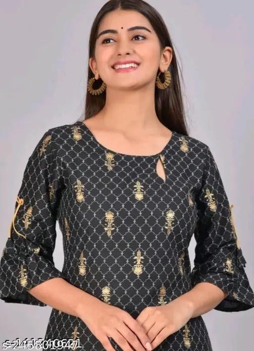 Rayon printed long kurta set, short sleeves with palazzos, women's Indian fashion on display