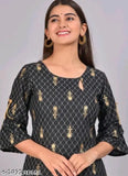 Rayon printed long kurta set, short sleeves with palazzos, women's Indian fashion on display