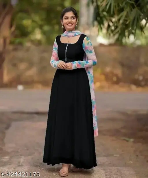 black georgette gown1, short sleeves, solid net, pastel shades, Indian-made