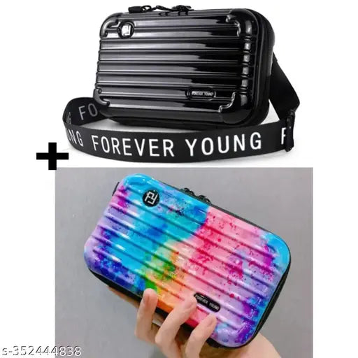 Canvas and leather mini suitcase sling bag combo set for girls, self-design net pattern, free size (L7xW5xH3 inches), made in India