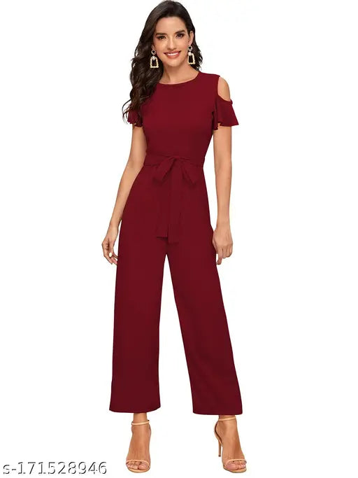 Stylish polyester jumpsuit for women and girls, solid net pattern, short sleeves, available in multiple sizes from XS to XL
