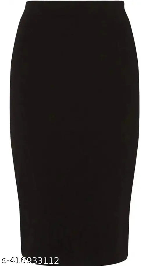Black polycotton pencil skirt with elasticated waist belt, versatile fashion piece for women's wardrobe. Ideal for dinner or date night. Made of stretchable fabric for comfort. Sizes available: 26, 28, 30, 32, 34, 36 (waist 26-36, hip 32-42, length 19 inches). Origin: India