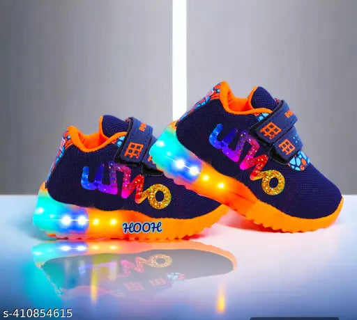Blue Orange kids' LED light-up shoes with Velcro, embellished net pattern on canvas sole, ideal for boys aged 12-18 months