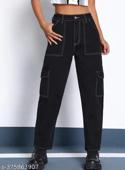 Black denim cargos with white stitch, trendy Indian-made denim pants for teens