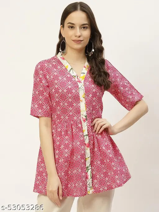 Pink and white printed pure cotton A-line top, Japer Kurti women's western wear with floral print and tie ups on sleeves