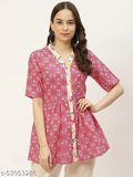 Pink and white printed pure cotton A-line top, Japer Kurti women's western wear with floral print and tie ups on sleeves