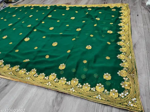 Georgette heavy embroidery saree with full mirror work, beautiful Indian saree on mannequin