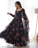 Black Georgette Anarkali gown with three-quarter sleeves, featuring a printed combo design. Stylish sensational women's gown for wedding or party wear, originating from India