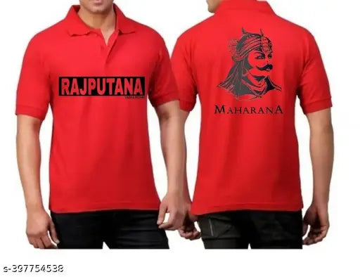 Red printed v-neck dry fit t-shirt for men, featuring Rajputana Maharana design, Indian origin