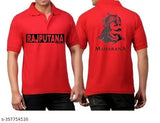 Red printed v-neck dry fit t-shirt for men, featuring Rajputana Maharana design, Indian origin
