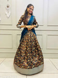 Unstitched, soft silk Indian lehenga-choli and art silk dupatta set by South Design, India