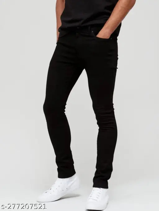 Men's black polycotton slim-fit jeans, stretchable and comfortable for versatile style and exceptional value. Size 28, 30, or 32 inches waist (39 inch length), Made in India