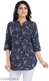 Blue crepe short kurti by GMK Fashions with digital floral print, three-quarter sleeves for daily/office wear, lightweight Indian fabric