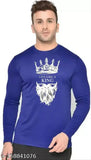 Full blue cotton blend solid men's printed round neck T-shirt, live like a king design on long sleeves