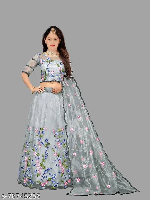 Embroidered cotton Lehenga Choli for kids, semi-stitched in free size with net dupatta and long sleeves, Indian festive wear on display