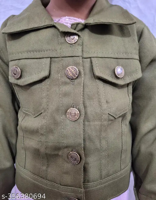 Olive denim full sleeve regular kids jacket, solid pattern for versatile playwear