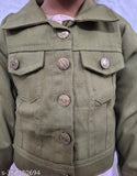 Olive denim full sleeve regular kids jacket, solid pattern for versatile playwear