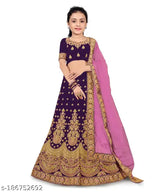 Trendy fancy poly silk lehenga choli for kids with embroidered patterns, semi-stitched net dupatta, short sleeves. Indian ethnic wear set for ages 2-15 years
