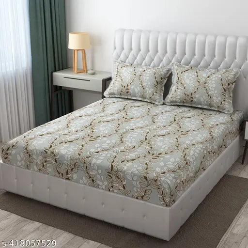Cotton Floral Print Fitted King Size Double Bed Sheet & Pillow Covers, soft & breathable for summer comfort