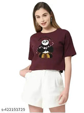 Cotton blend KungFu Panda crop top, short sleeves, printed net design, XS-XL sizes, casual wear for girls and women, made in India