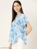 Light Blue Rayon Slub Top - Viscose rayon, short sleeves, printed pattern. Perfect for casual or dressy looks. Made in India