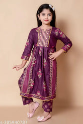 Purple Rayon kurta pyjama sets for kids by Barkat Designing Planet, 4 sizes available from 3-4 years to 11-12 years. Indian kidswear design on display