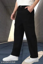 Black denim oversized Baggy Cargo jeans, one size available - 32 waist, 40 length, 39 hip (Indian origin)