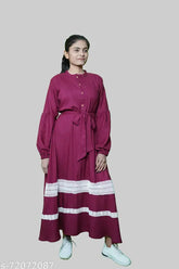 Burgundy rayon lace work kurtis, long sleeves, Indian fashion, women's clothing