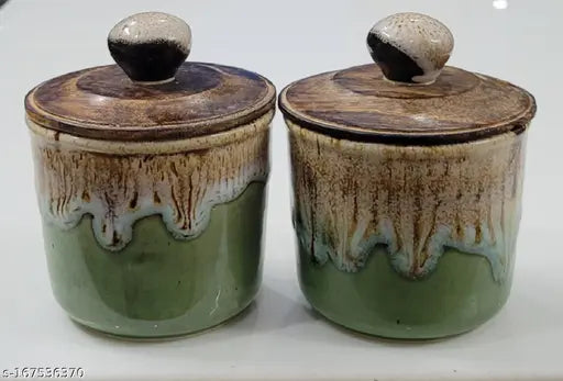 Multicolor flow pattern ceramic jars (300ml, set of 2) with wooden airtight lids - handcrafted Indian tableware for storing condiments or decorative use