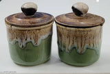 Multicolor flow pattern ceramic jars (300ml, set of 2) with wooden airtight lids - handcrafted Indian tableware for storing condiments or decorative use
