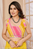 Net mirror work lehriya print ruffle saree, free size, traditional Indian outfit with separate georgette blouse