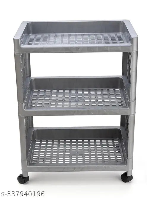 Grey plastic 3-layer kitchen and office storage organizer with wheels, ideal for home or office use