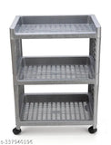 Grey plastic 3-layer kitchen and office storage organizer with wheels, ideal for home or office use