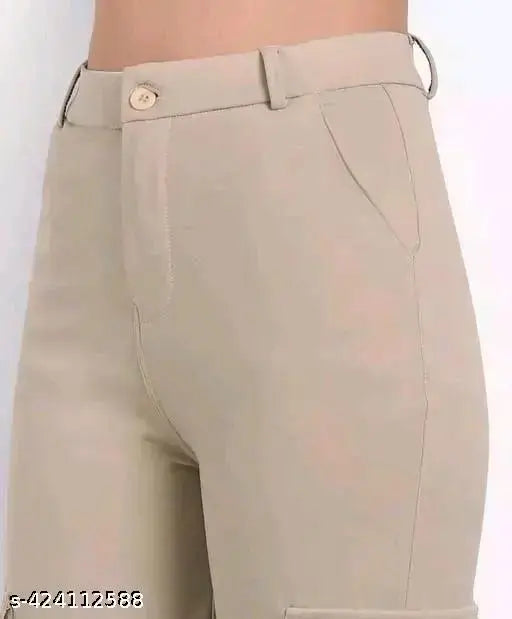 Cream Lycra pant, MJ fashion solid-colored women's wear in various sizes (26, 28, 30, 32, 36, 38), made in India