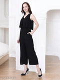 Black viscose rayon solid full-length sleeveless jumpsuit with self-design net pattern, stylish and casual, perfect for women's wardrobe. Made in India