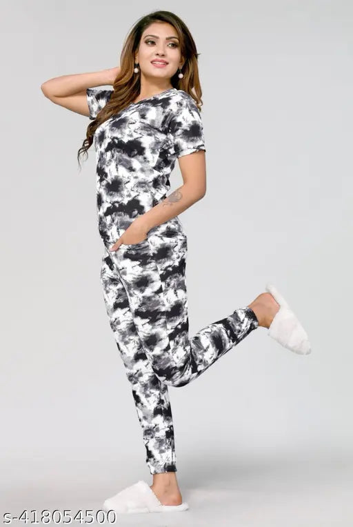 Printed polyester nightsuit, alluring design, premium quality women's sleepwear, exotic Indian collection