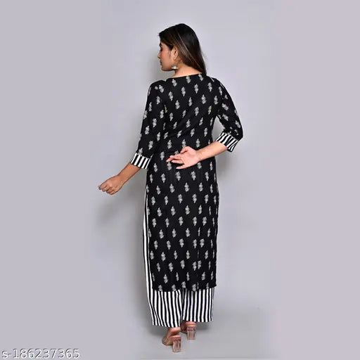 Printed Rayon black kurti and palazzo set for women and girls, three-quarter sleeves, pack of 2 (S-M: bust 38in, shoulder 14in, waist 36in, hip 40in, length 46in; L- bust 40in, shoulder 15in, waist 38in, hip 42in, length 46in) - Indian-made, comfortable and elegant rayon fabric for casual or formal wear