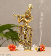 Gold-plated Krishna idol playing Bansuri, intricate Indian metal showpiece, dimensions: 6cm L x 22.5cm H x 10cm W