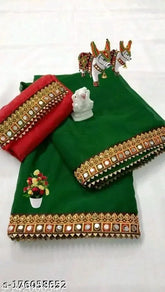 Green Banarasi Georgette Lace border Saree with Blouse - Indian handcrafted Banarasi Silk and Dupion Silk party wear for elegant women with trendy designer looks