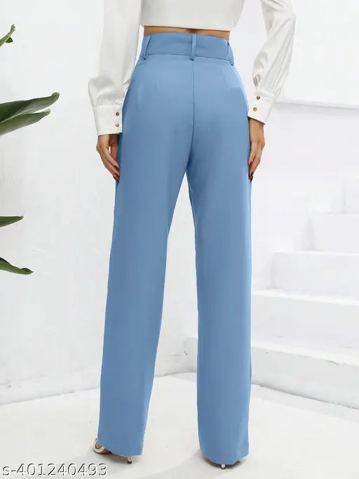 Trendy designer women's brown poly blend trousers, high rise and straight fit for casual wear (size 26/34)
