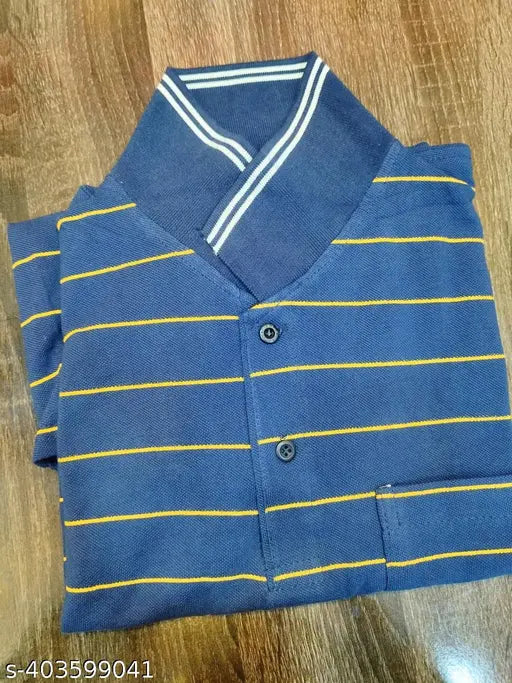 Striped cotton men's polo T-shirt (M, L), lightweight summer essential, India origin