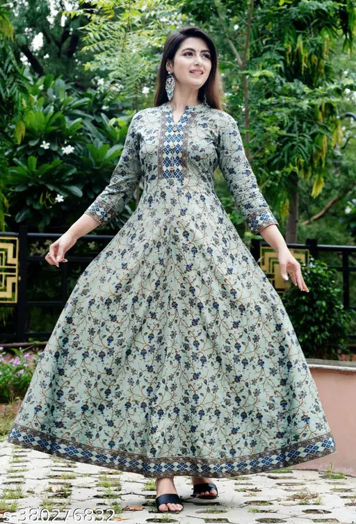 Women's rayon ankle-length Anarkali kurta with printed combo, three-quarter sleeves, available in various sizes S to XXXL