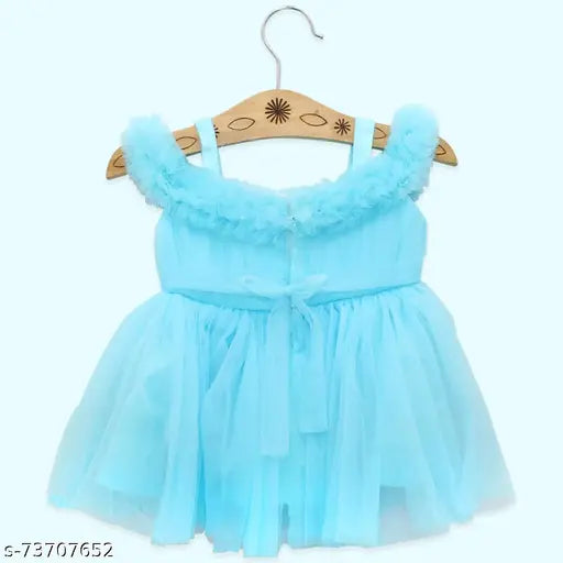Cotton fit-and-flare knee length dress, self-design net applique floral pattern for 3-6 month old baby girls, India origin