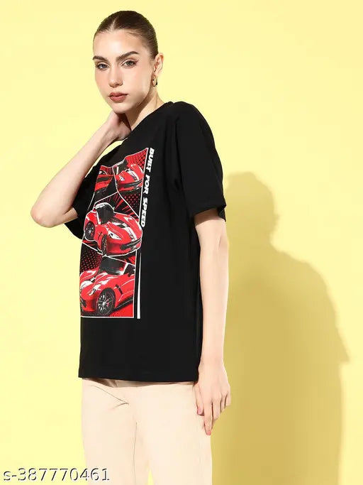 Women's black graphic oversized cotton t-shirt with short sleeves and printed net design, perfect for a stylish outfit with denim. Made in India